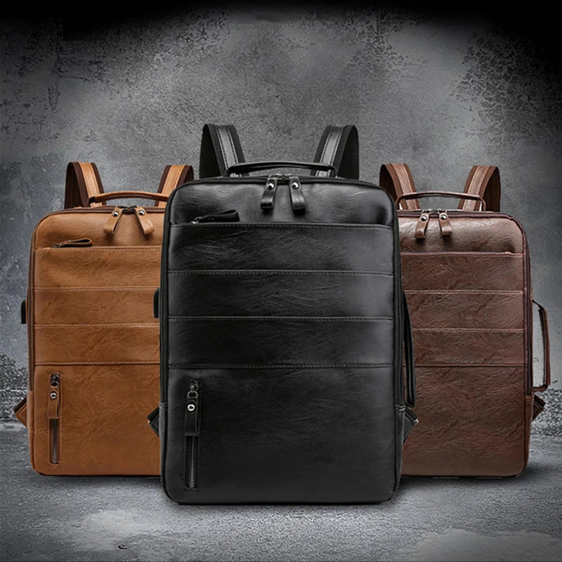 Business Backpacks For Men Waterproof PU Leather Laptop Bag Large Capacity USB Charging Rucksack Male Fashion Travel Bagpack sac
