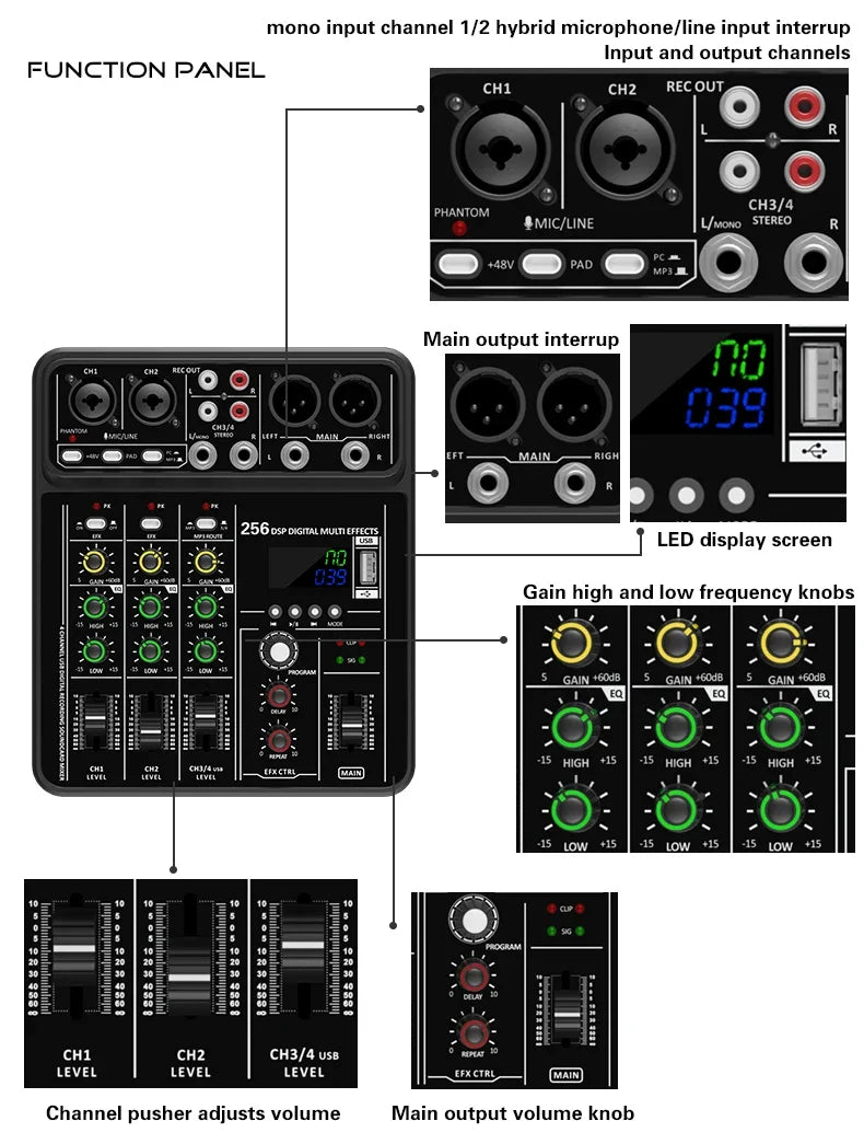 Audio Interface Mixer with Bluetooth USB Recording Computer 48V Phantom Power Delay Replay Effects, 4-Channel Audio Mixer ﻿