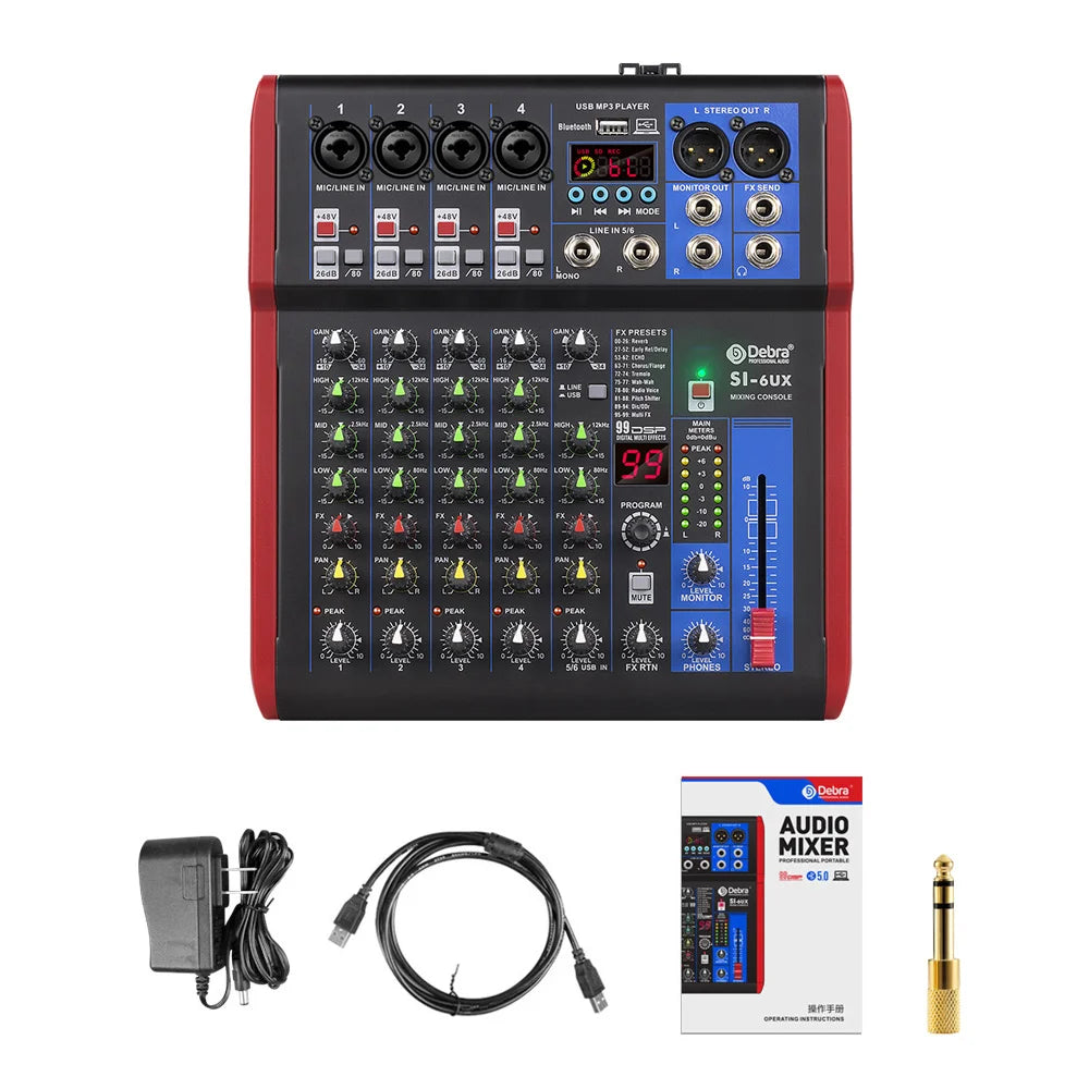 4 6 8-channel portable audio mixer, 99 DSP digital effects, Bluetooth 5.0 USB tuner for DJ consoles, karaoke, music festivals