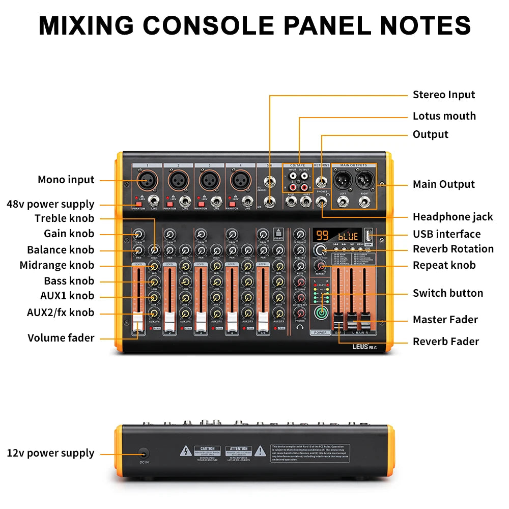 LEUS BL4/6 Channel 99 DSP Effect Audio Mixer Record PC 48V Phantom Power USB Sound Mixers Bluetooth DJ Console Mixing for Karaok