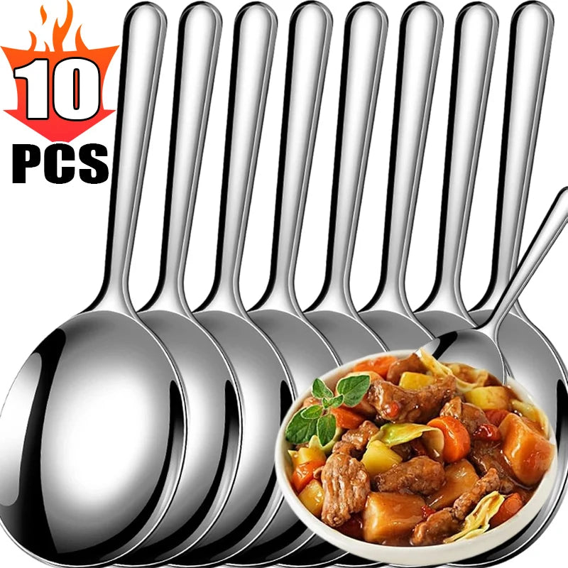 Stainless Steel Serving Spoons Round Fruit Food Scoop Dining Soup Rice Spoon Heat Insulated Handle Kitchen Restaurant Ladles