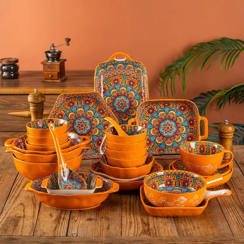 Bohemia Ceramic Rice Bowl Serving Plate Creative Ceramic Cutlery Soup Noodle Bowl Household Handle Bowl Sauce Dish