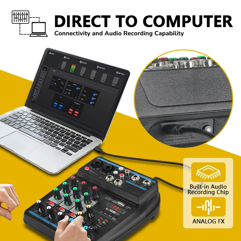 4 Channel Mixer DJ Mixing Console Portable Channel Mixer Multi Interfaces PC Compatible for Recording Live Streaming Karaoke