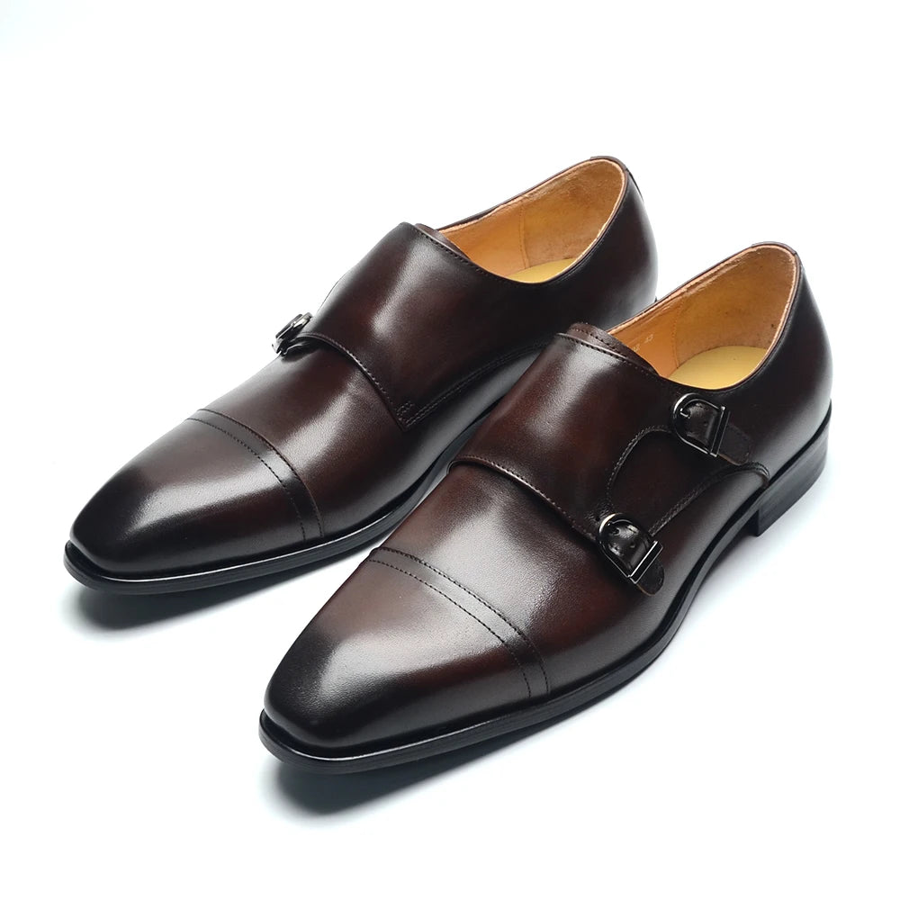 Luxury Men's Business Dress Shoes Genuine Leather Monk Strap Buckle Handmade Italian Brown Black Office Suit Formal Shoes Man