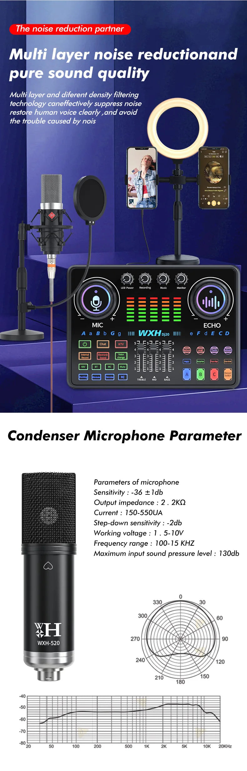 Dj20 Sound Card Studio Mixer WXH520 Noise Reduction Microphone Singing Voice Live Broadcast Phone Computer Record USB Sound Set