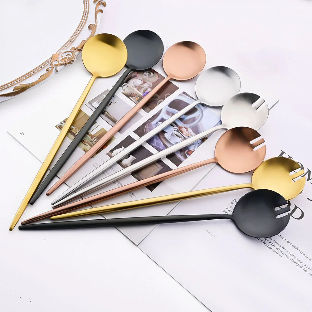 Serving Salad Spoon 2Pcs Black Salad Spoon Fork Set Long Handle Cutlery Set Stainless Steel Kitchenware Scoop Server Salad Set