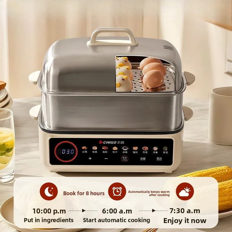 Full Steel Electric Steamer, 3-Layer Multi-Function Cooker for Home, Smart Timer, LCD Screen, Anti-Corrosion and Easy Cleaning