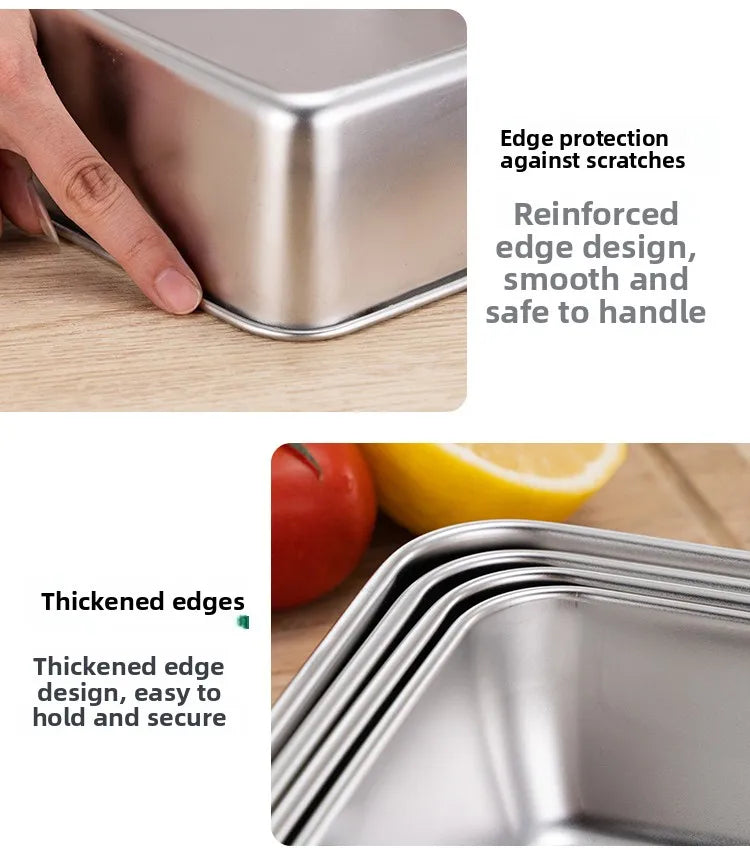Stainless Steel Thickened Flat Bottom Rectangular Dish with Lid for Baking Steaming Dessert Dish Restaurant Fast Food Platter
