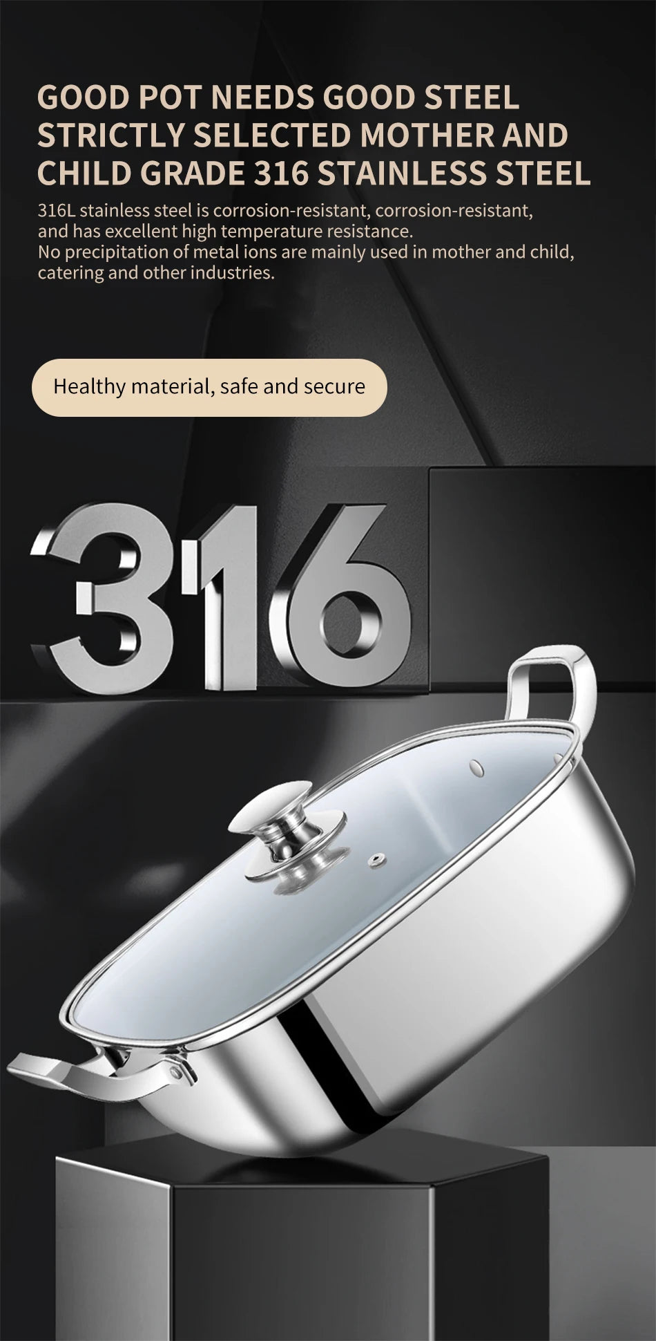 Household Square Steamer 316 Stainless Steel Thickened Three-Layer Steamer Tray Multifunctional for Gas & Electromagnetic Use