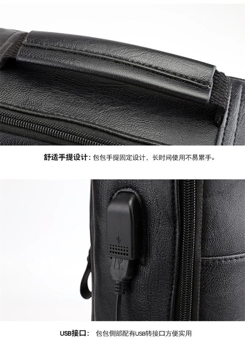 Business Backpacks For Men Waterproof PU Leather Laptop Bag Large Capacity USB Charging Rucksack Male Fashion Travel Bagpack sac