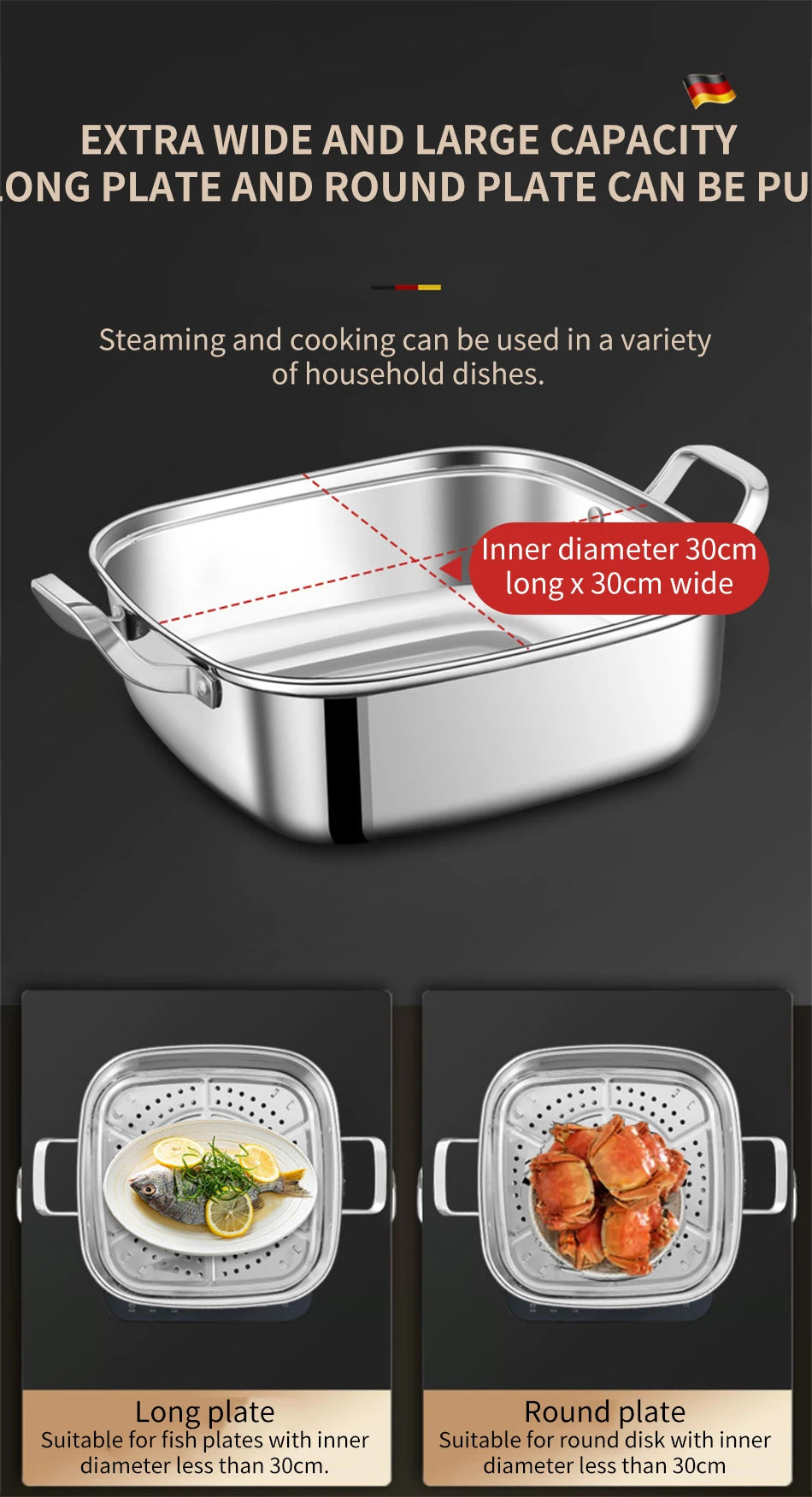 Household Square Steamer 316 Stainless Steel Thickened Three-Layer Steamer Tray Multifunctional for Gas & Electromagnetic Use