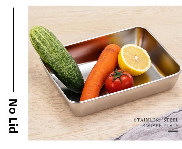 Stainless Steel Thickened Flat Bottom Rectangular Dish with Lid for Baking Steaming Dessert Dish Restaurant Fast Food Platter