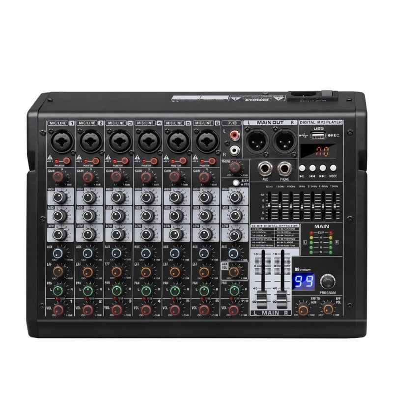 MP3 Mixer with Bluetooth - 99 DSP Effects, 7-Band EQ, 48V Phantom Power, USB Sound Card for Live Streaming Stage Recording