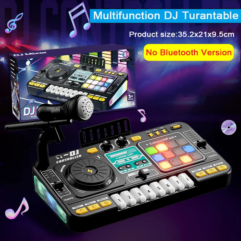 Kid DJ Mixer with Microphone Multifunctional Electronic Piano Keyboard Bluetooth DJ Turntable Controller Kid Musical Instrument