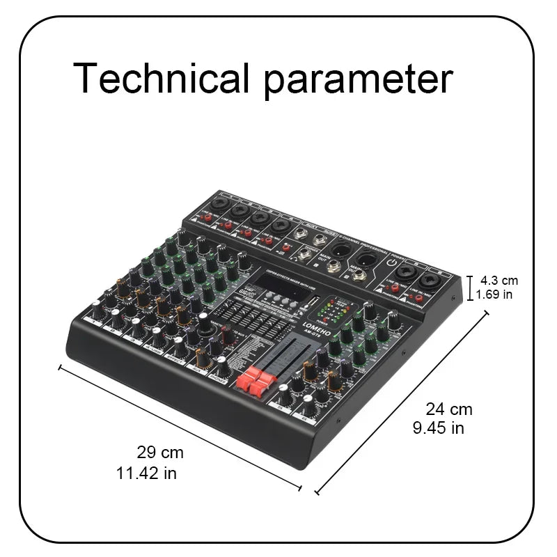 LOMEHO 7 Band EQ Audio Sound Mixer Table 6/8 Channel Mixing DJ Console with USB 2 AUX Output Individual 48V 99 Effect  AM-GT6/8