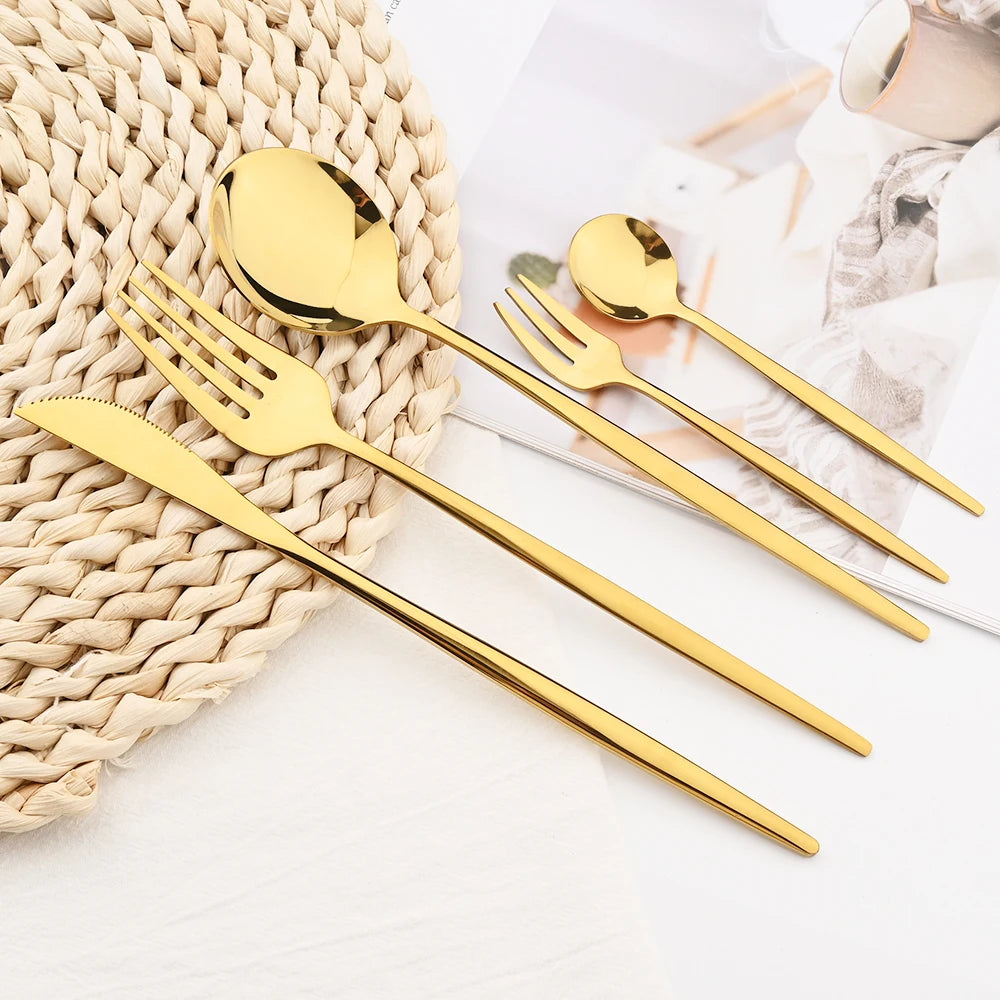 30Pcs White Gold Cutlery Set Stainless Steel Tableware Knife Cake Fork Spoon Dinnerware Set Kitchen Flatware Silverware