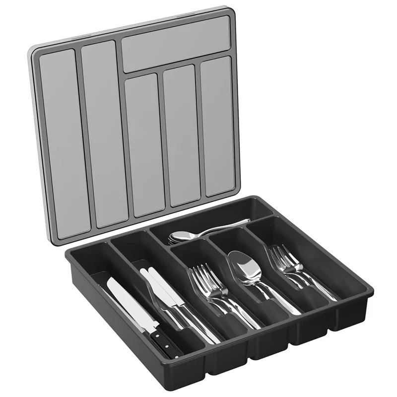 Y51A-Silverware Organizer With Lid,Covered Utensil Tray For Kitchen Drawer And Countertop, Plastic Cutlery And Flatware