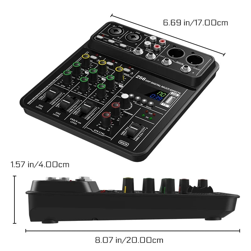 Audio Interface Mixer with Bluetooth USB Recording Computer 48V Phantom Power Delay Replay Effects, 4-Channel Audio Mixer ﻿