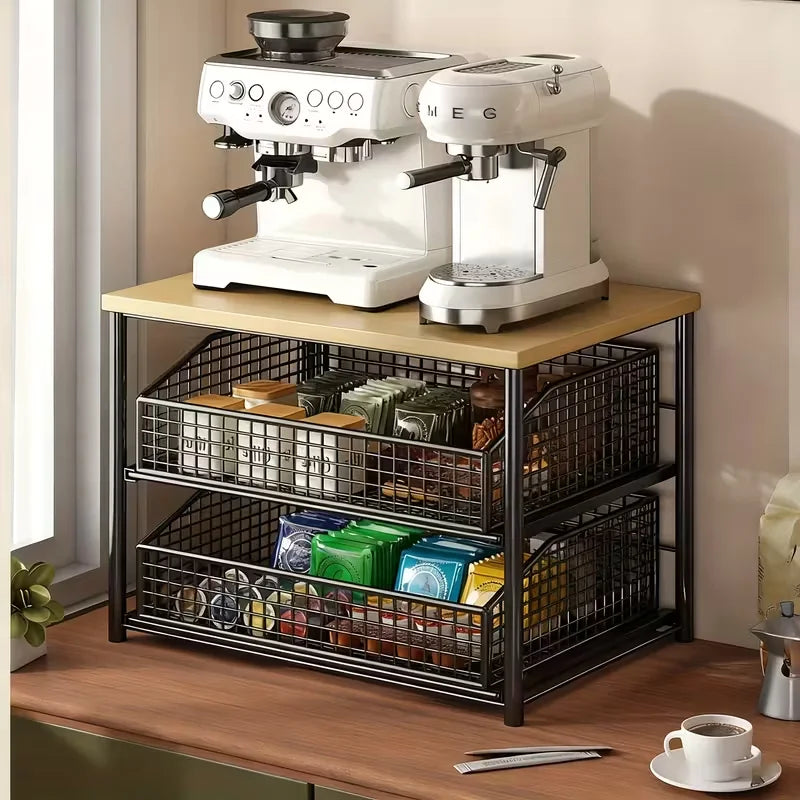 1 space saving kitchen countertop storage rack with drawers and metal baskets - sturdy multi-layer storage rack
