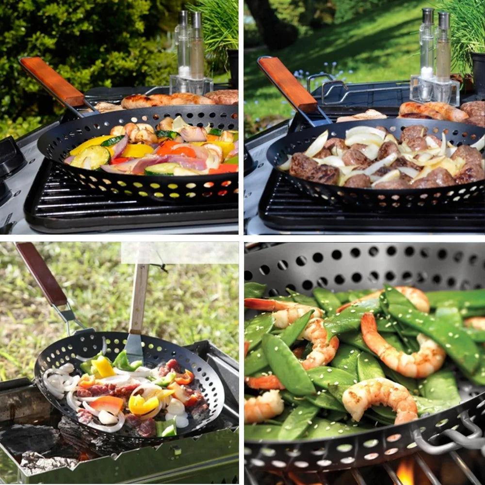 Grilling Skillet Non-stick Metal Folding Wooden Handle with Holes Removable Handle for Outdoor Grill Topper Barbecue Pan