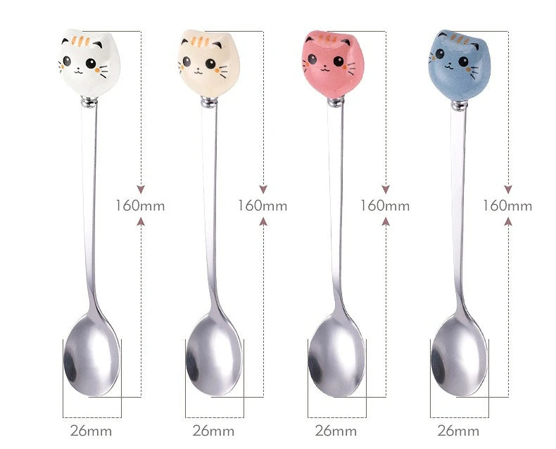 Coffee and Dessert Spoons Flatware Kitchen Tools Ice Cream Cartoon Stirring Spoon Stainless Steel Long Cat Handle Ceramic Spoon