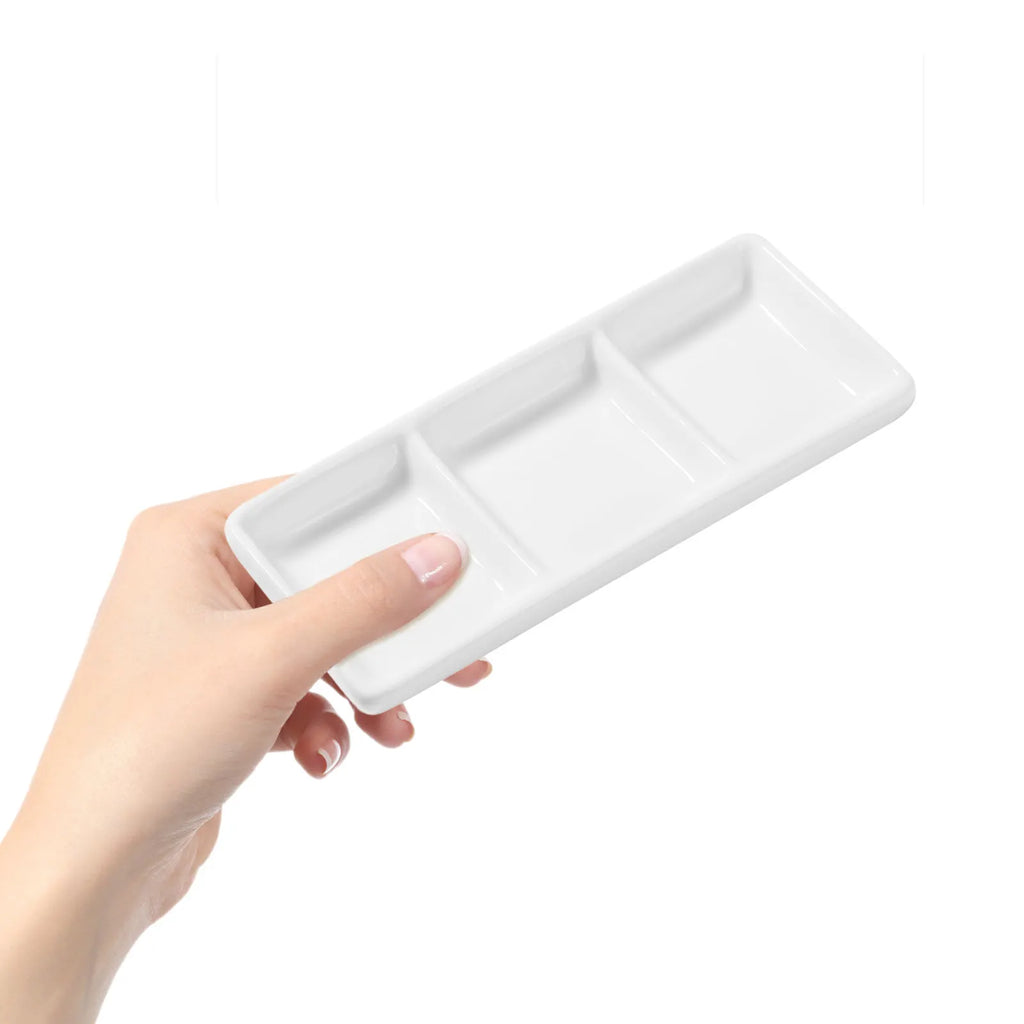 2Pcs Rectangular Ceramic Sauce Serving Tray 3-Compartment Appetizer Dish for Spice Soy Dips Appetizer Serving Tray
