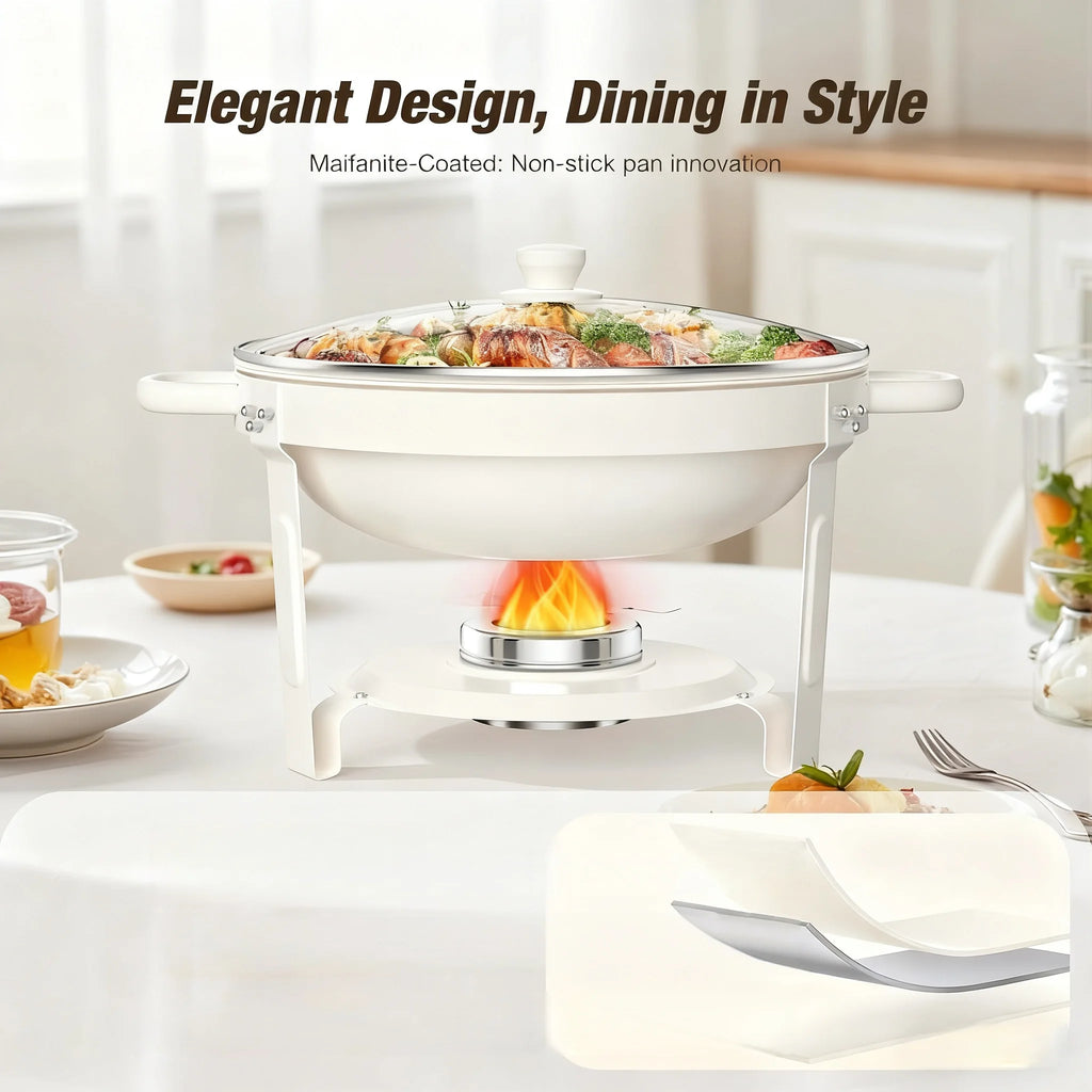 White Chafing Dishes for Buffet with Glass Lid (5QT, 1-2-4Pack), Stackable, Lid Holder for Party, Wedding
