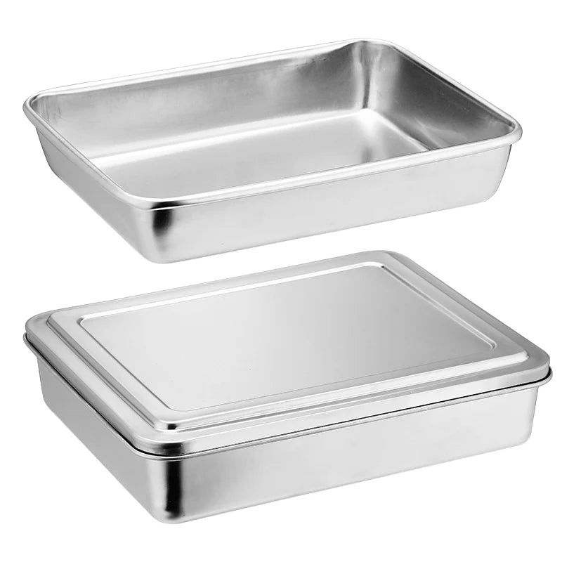 Stainless Steel Thickened Flat Bottom Rectangular Dish with Lid for Baking Steaming Dessert Dish Restaurant Fast Food Platter
