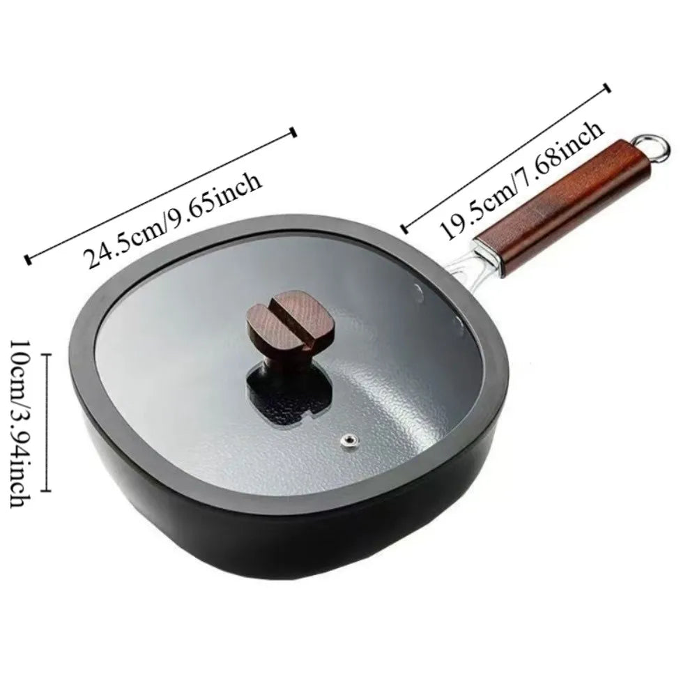 Cookware Refined Iron Square Frying Pan No Coating Flat Bottomed Stir Fry Pot with Visible Cover Wood Handle Wok Restaurant