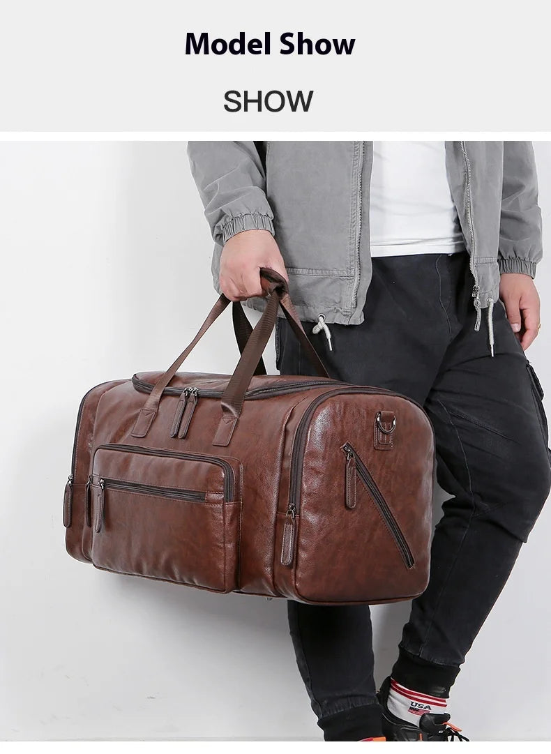 Geestock Business Men PU Leather Gym Duffel Bag Large Capacity Sports Travel Tote Handbag For Male Fitness Vintage Luggage Bag