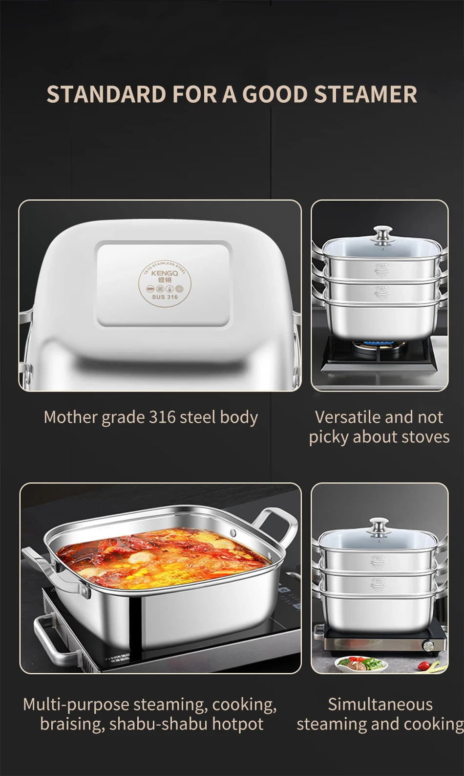 Household Square Steamer 316 Stainless Steel Thickened Three-Layer Steamer Tray Multifunctional for Gas & Electromagnetic Use