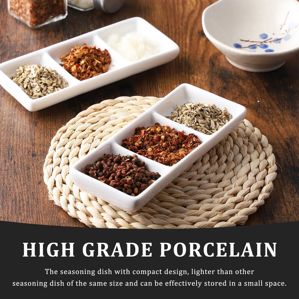 2Pcs Rectangular Ceramic Sauce Serving Tray 3-Compartment Appetizer Dish for Spice Soy Dips Appetizer Serving Tray