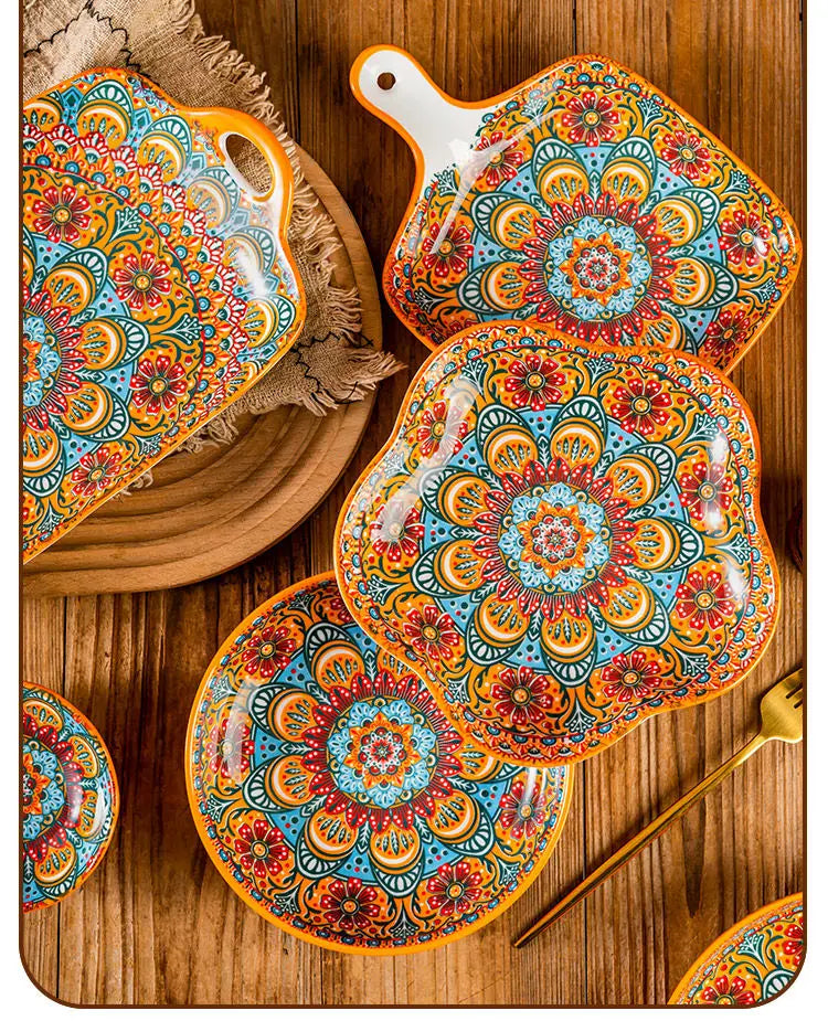 Bohemia Ceramic Rice Bowl Serving Plate Creative Ceramic Cutlery Soup Noodle Bowl Household Handle Bowl Sauce Dish