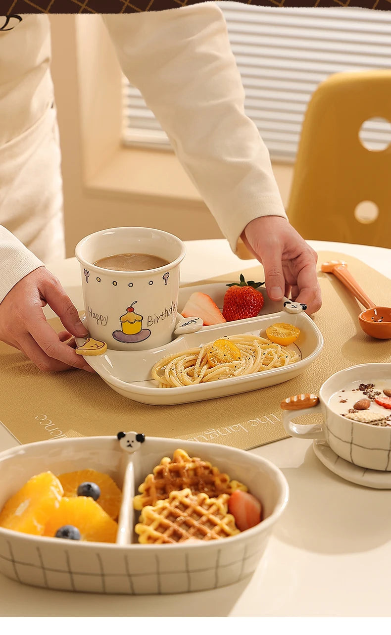 Beautiful Ceramic Breakfast Plate Dinnerware Set Coffee Cup Divided Plate Korean Style Casual Cartoon Pattern Home Use