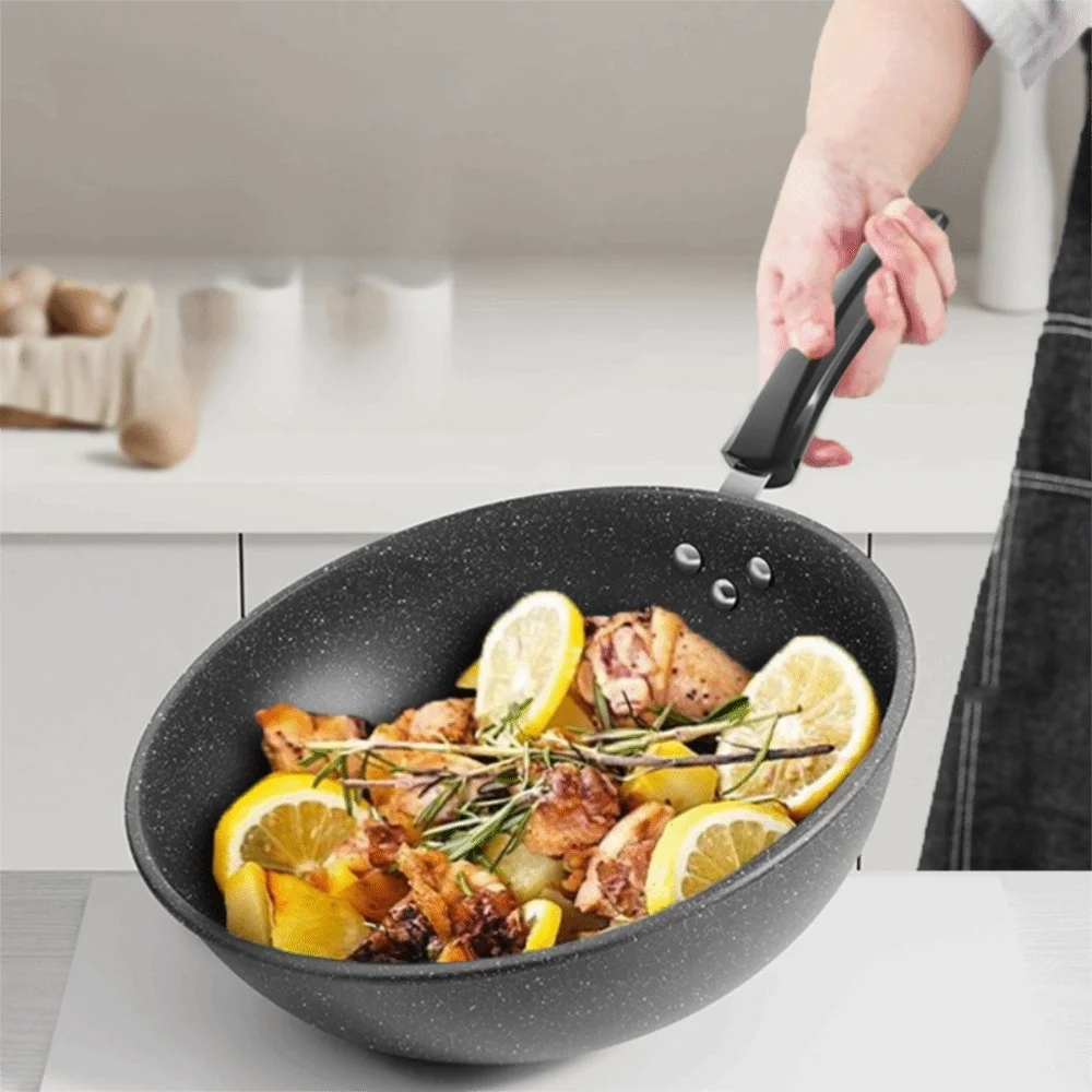 Kitchen Cookware Non-Stick Stir-Fry Pan Universal with Lid Skillet Flat Bottomed Frying Pan Cooking