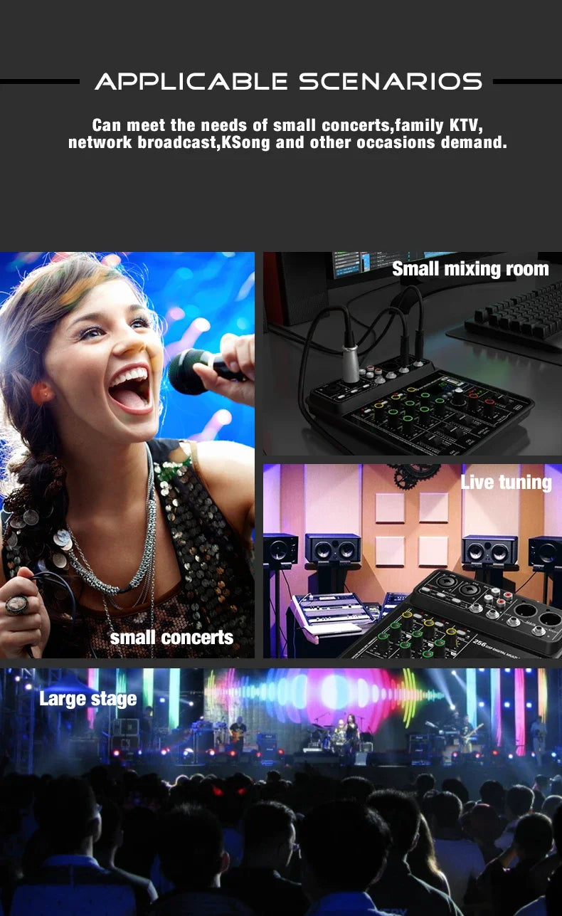Audio Interface Mixer with Bluetooth USB Recording Computer 48V Phantom Power Delay Replay Effects, 4-Channel Audio Mixer ﻿