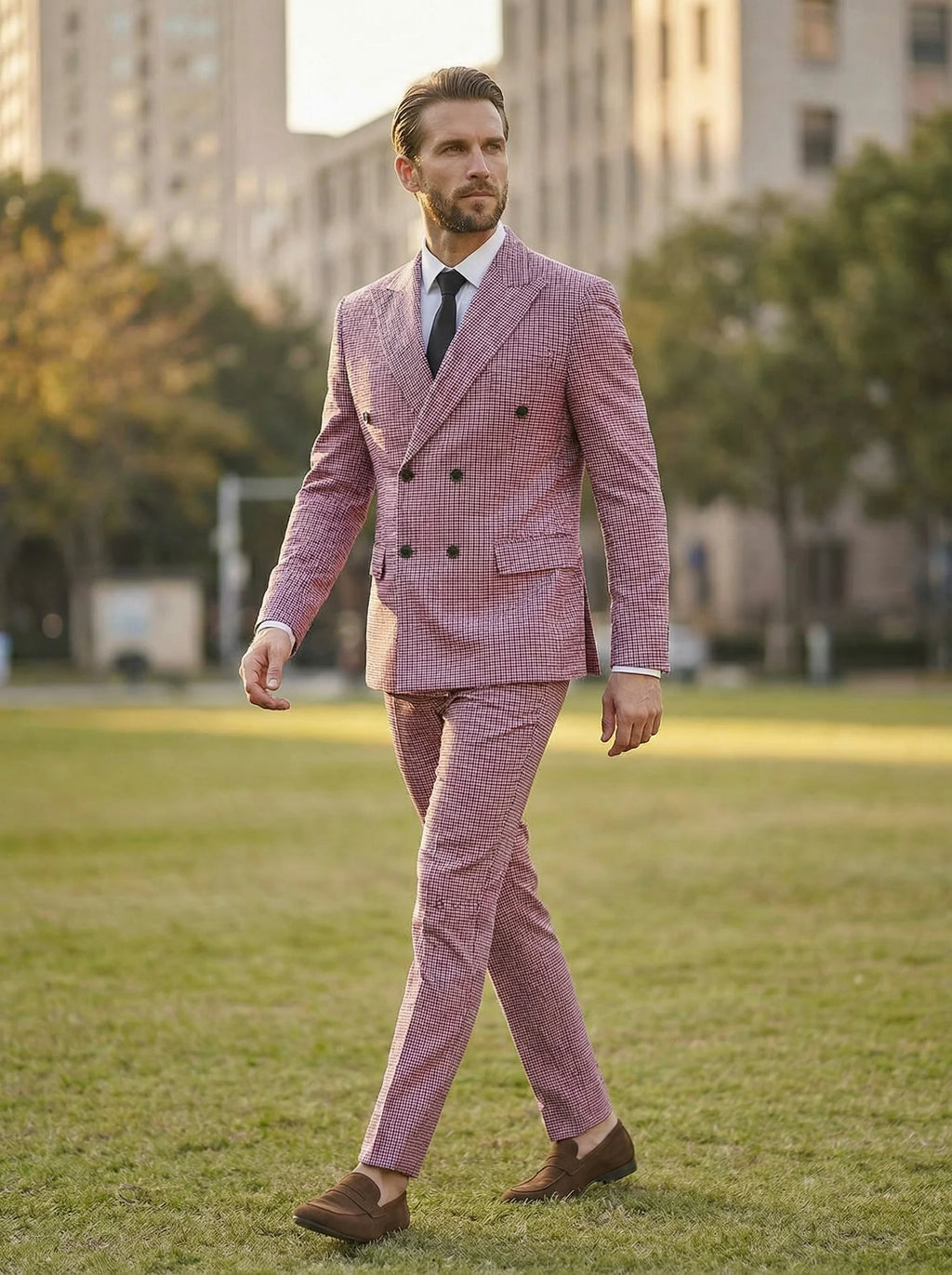 Men's Business Suits 2 Pieces Double Breasted Regular Fit Notch Lapel Plaid Wool Prom Tuxedos For Wedding (Blazer+Pants)