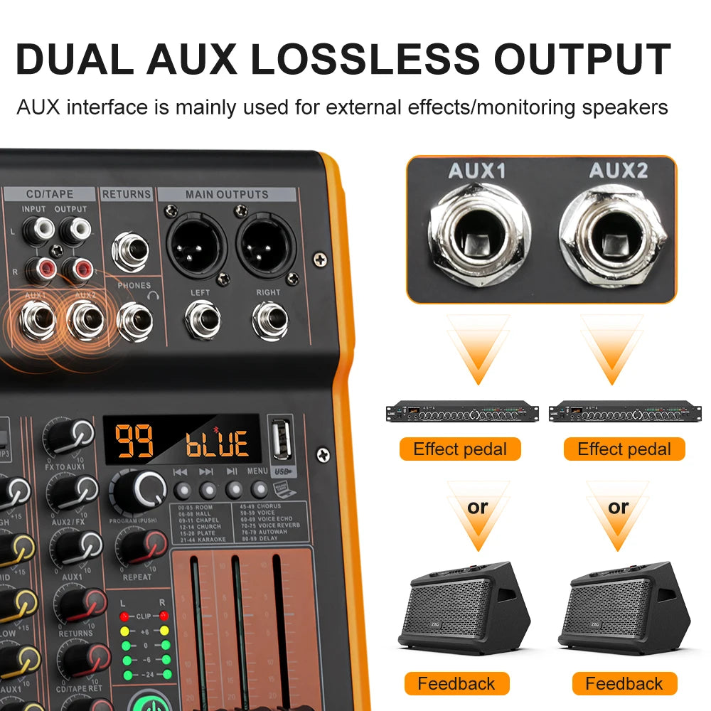 LEUS BL4/6 Channel 99 DSP Effect Audio Mixer Record PC 48V Phantom Power USB Sound Mixers Bluetooth DJ Console Mixing for Karaok