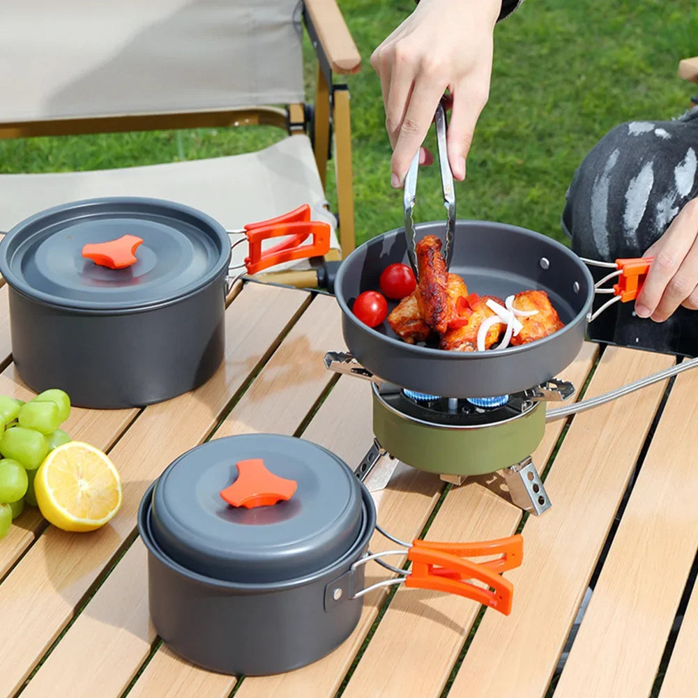 Camping Cookware Set Aluminum Portable Outdoor Tableware Cookset Cooking Kit Pan Bowl Kettle Pot Hiking BBQ Picnic Equipment