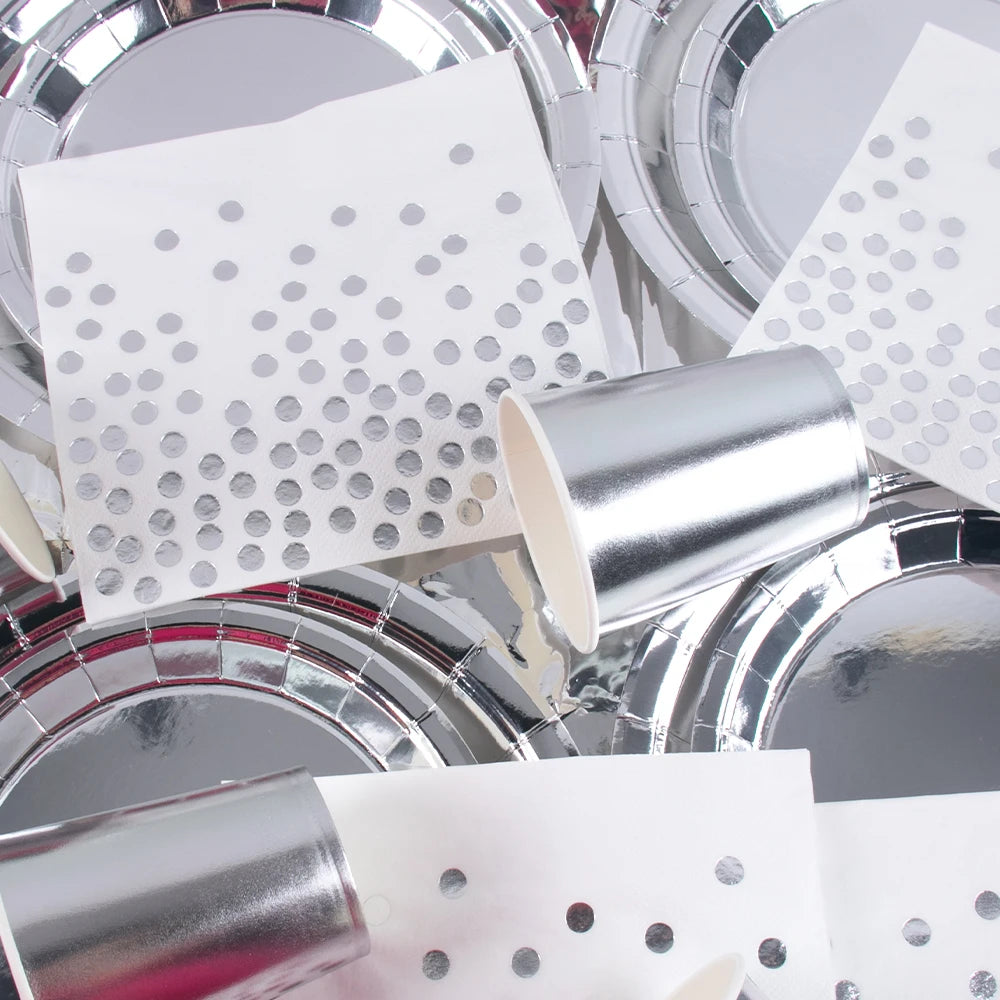 Silver Disposable Tableware DIY Cups Plates Napkins Tablecloth Birthday Party Adult Wedding Baby Shower Decorations Supplies