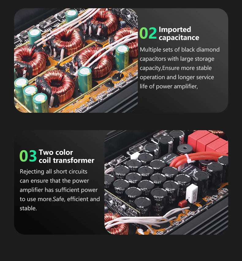 Competition grade 6500W mono car audio amplifier, low distortion, smooth sound quality, 0.5,1 ohm single-stage D high-power car