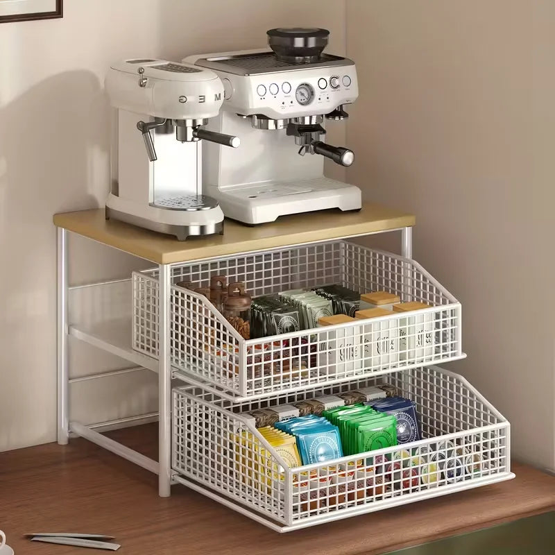1 space saving kitchen countertop storage rack with drawers and metal baskets - sturdy multi-layer storage rack