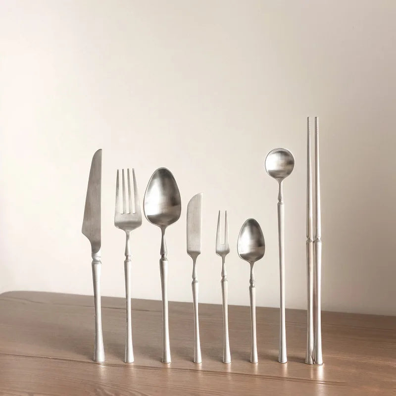 Silver Matte 304 Stainless Steel Cutlery Set Slim Complete Knife Spoon Fork Sets Household Dinner Breakfast Table Accessories