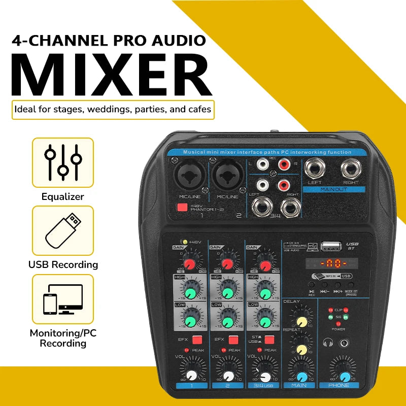 4 Channel Mixer DJ Mixing Console Portable Channel Mixer Multi Interfaces PC Compatible for Recording Live Streaming Karaoke