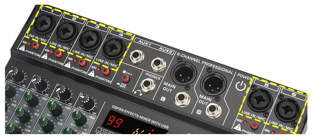 LOMEHO 7 Band EQ Audio Sound Mixer Table 6/8 Channel Mixing DJ Console with USB 2 AUX Output Individual 48V 99 Effect  AM-GT6/8
