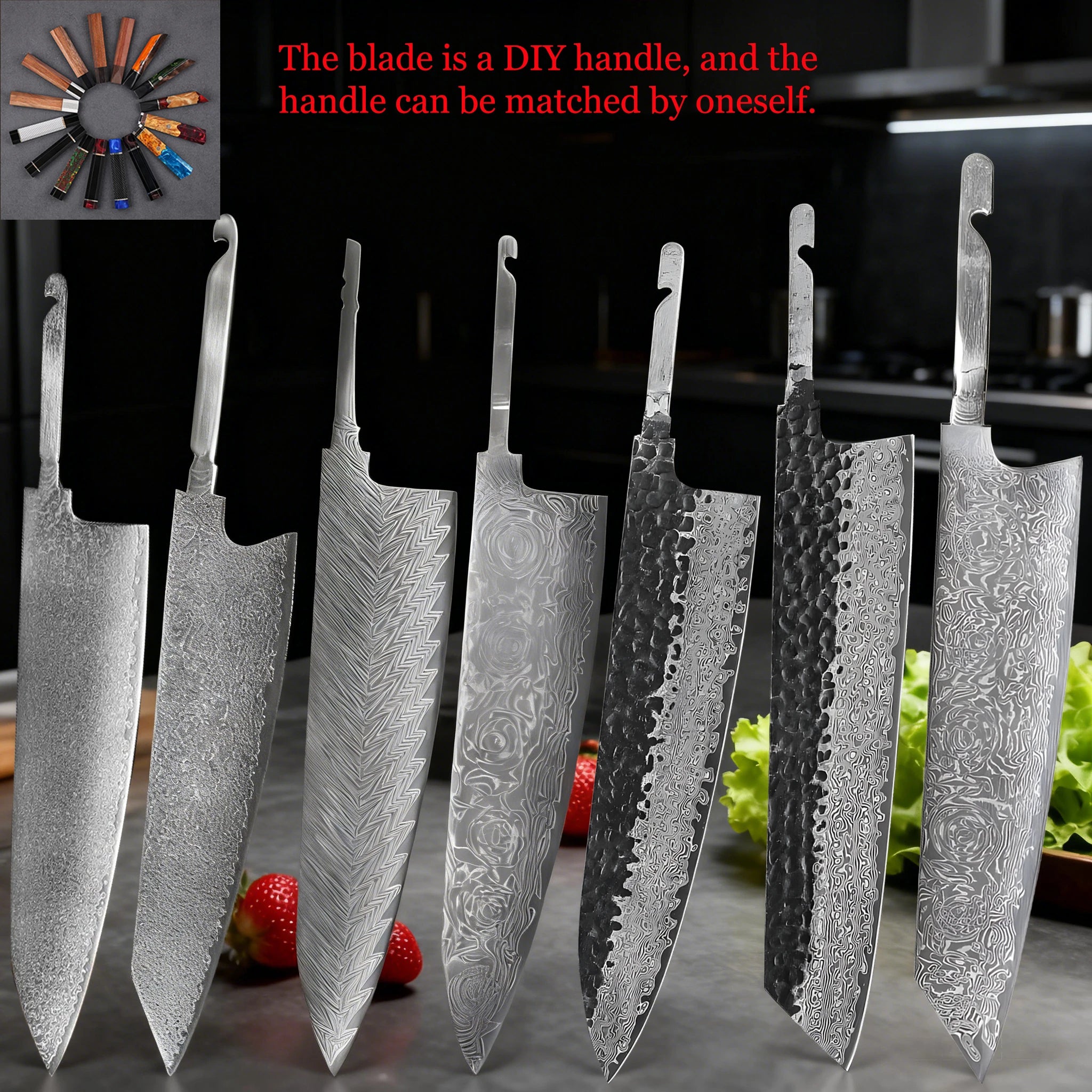 1PC,Kitchen Knives Blank Blade DIY Damascus Steel DIY Knife Making Tools No Handle Cleaver Knife Cooking Tool Kitchen Stuff