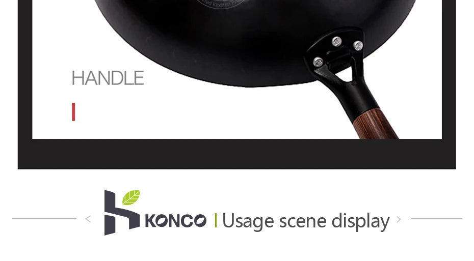 Konco Iron wok Cast iron pan Non-coated Pot General use for Gas and Induction Cooker 32cm Chinese Wok Cookware Pan Kitchen Tools