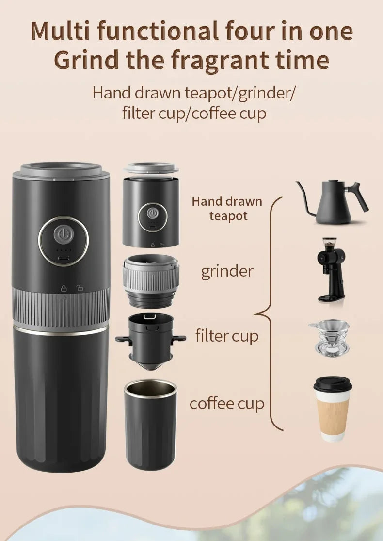 Travel-Friendly All-in-One Coffee Maker - Built-in Grinder, Handheld Espresso Machine & Mini Pour Over Cup for Home and Outdoor