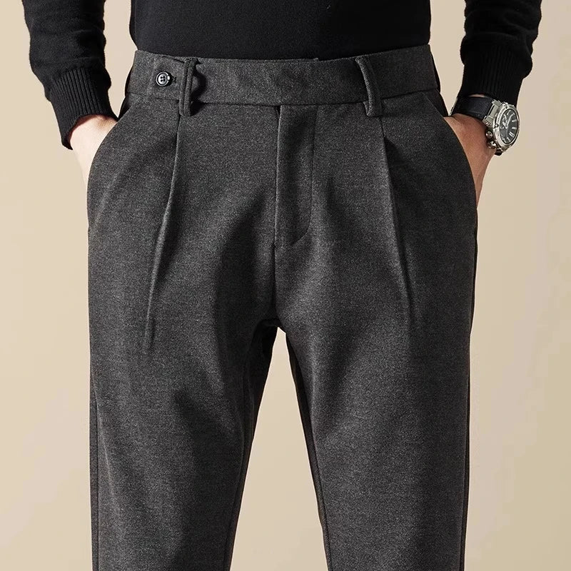 Business Casual Men's Brushed Khakis Straight Leg Long Pants Lightweight Luxury Wool Trousers Autumn Winter New Arrival