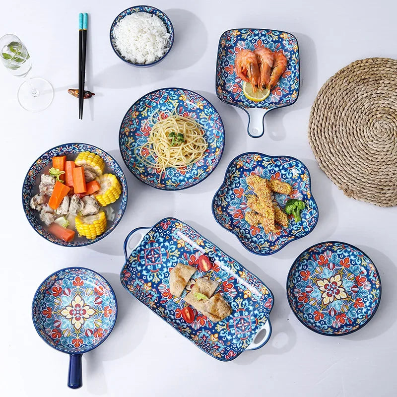 Bohemia Ceramic Rice Bowl Serving Plate Creative Ceramic Cutlery Soup Noodle Bowl Household Handle Bowl Sauce Dish